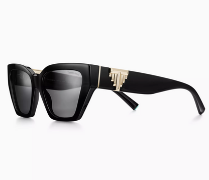 Tiffany & Co. Tiffany T Deco Sunglasses in Black Acetate, Gold-colored Metal & Gray Lenses