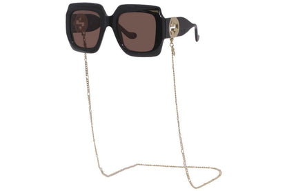 Gucci GG1022S Chain-Detail Square Sunglasses – Black Frame with Brown Lenses and Gold GG Emblem
