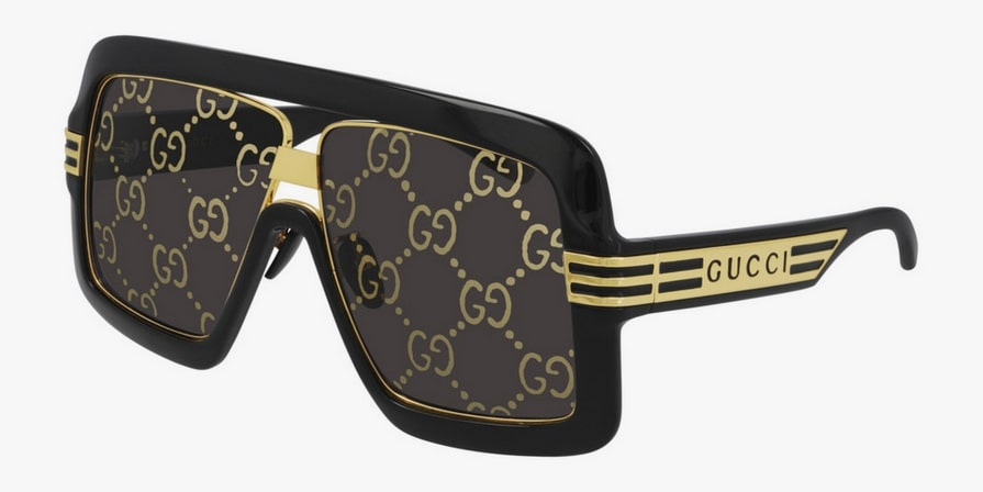Gucci GG0900S Shield Sunglasses – Black & Gold Monogram with Logo Lens Detailing