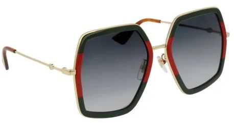 Gucci GG0106S Square Sunglasses – Gold Frame with Green and Red Enamel Accents & Grey Gradient Lenses