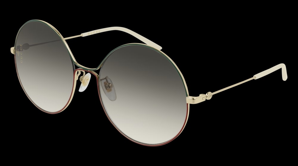 Gucci GG0395S Round Sunglasses – Gold Frame with Green & Red Enamel Trim and Grey Gradient Lenses
