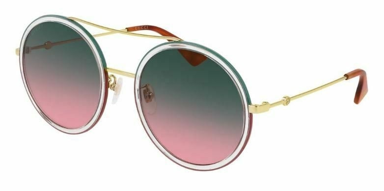 Gucci GG0395S Round Sunglasses – Gold Frame with Green & Pink Gradient Lenses and Enamel Trim
