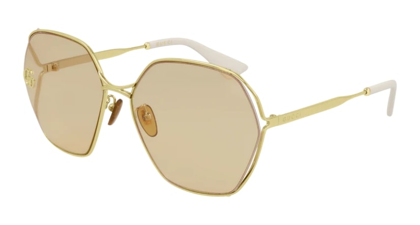 Gucci GG0818SA Geometric Sunglasses – Gold Frame with Beige Temples and Light Brown Lenses
