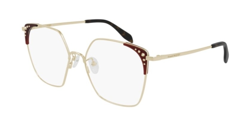 Alexander McQueen AM03120 002 Gold Square Eyeglasses Burgundy Studded Accents
