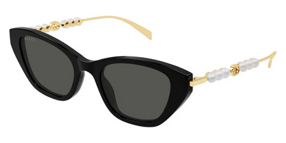 Gucci GG1968S 001 Black Cat Eye Sunglasses with Gold Pearl Bead Temples