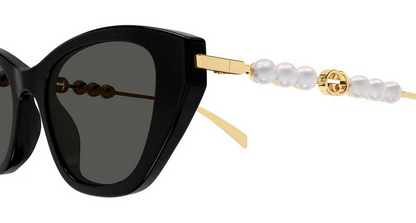 Gucci GG1968S 001 Black Cat Eye Sunglasses with Gold Pearl Bead Temples
