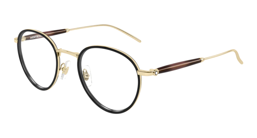 Montblanc MB0442O 002 Gold Round Optical Eyeglasses Black Rim Havana Temples