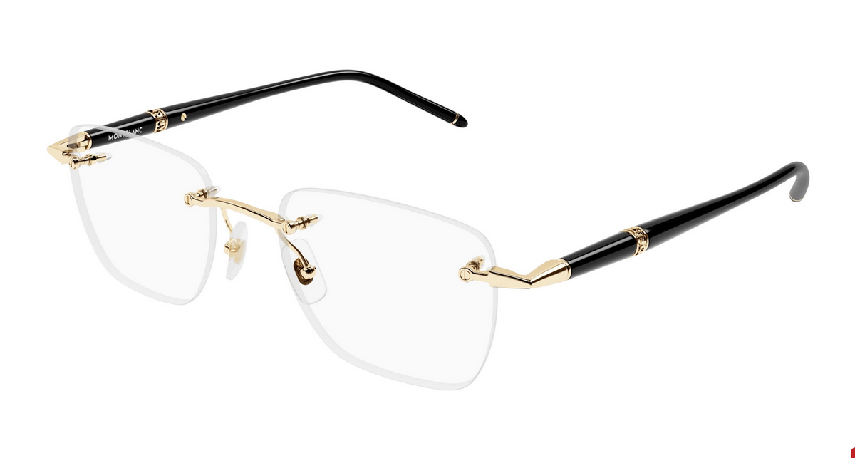 Montblanc MB0346O 001 Gold Rimless Optical Eyeglasses Frame Black Pen Style Temples